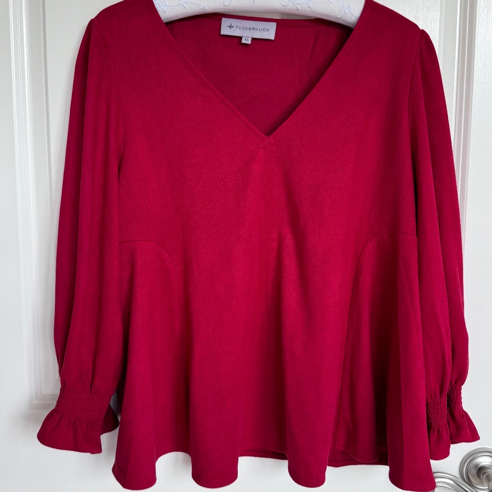NWOT Tuckernuck Easton L Large Red Faux Suede Blouse V-Neck Top Popover